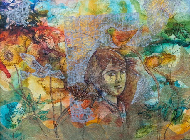 My window - 12" x 16" Acrylics on wooden plate